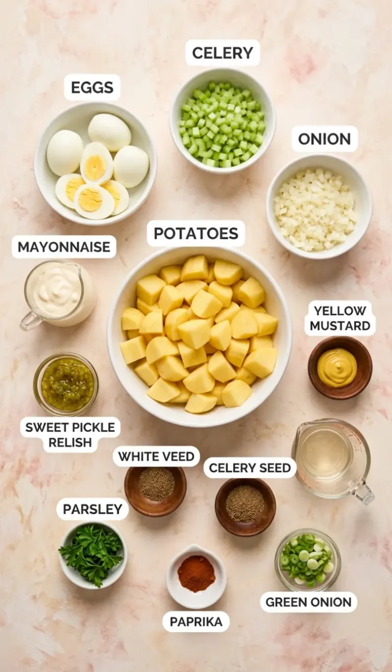Labelled overhead flatlay of all 12 ingredients for classic southern potato salad on a cream and blush plaster surface, each ingredient named