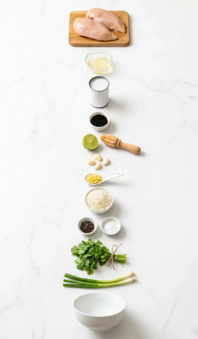 Exploded view of all 12 ingredients for easy coconut chicken rice bowl arranged vertically on white marble