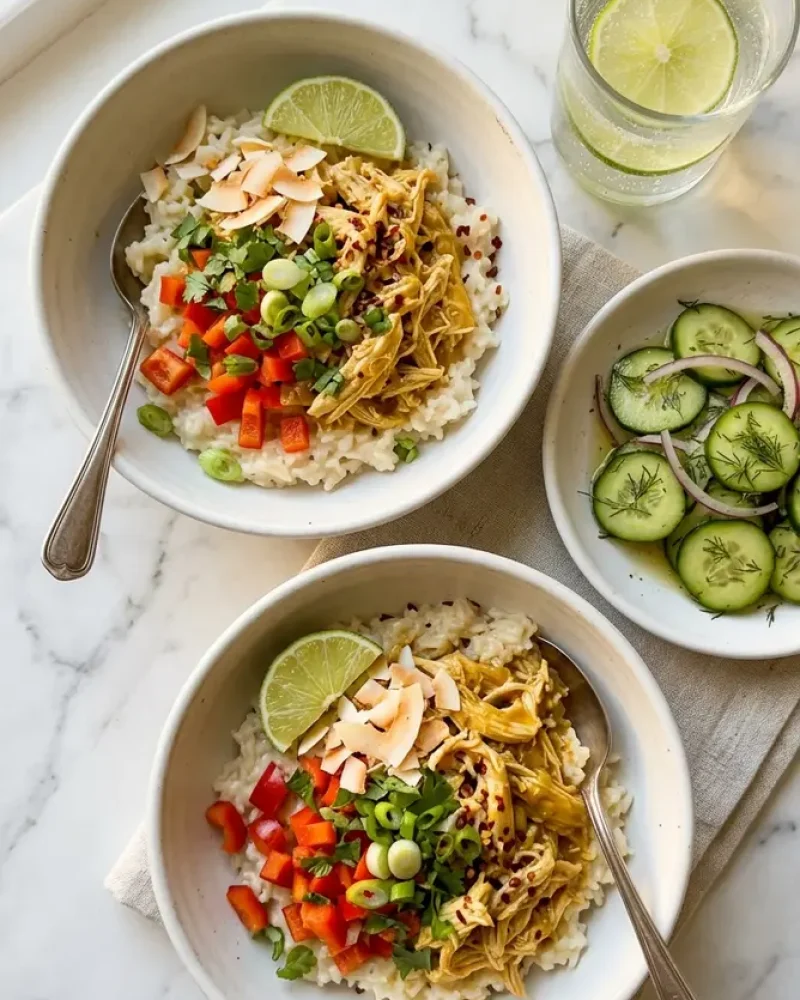 Overhead view of easy coconut chicken rice bowl with cucumber salad and lime water