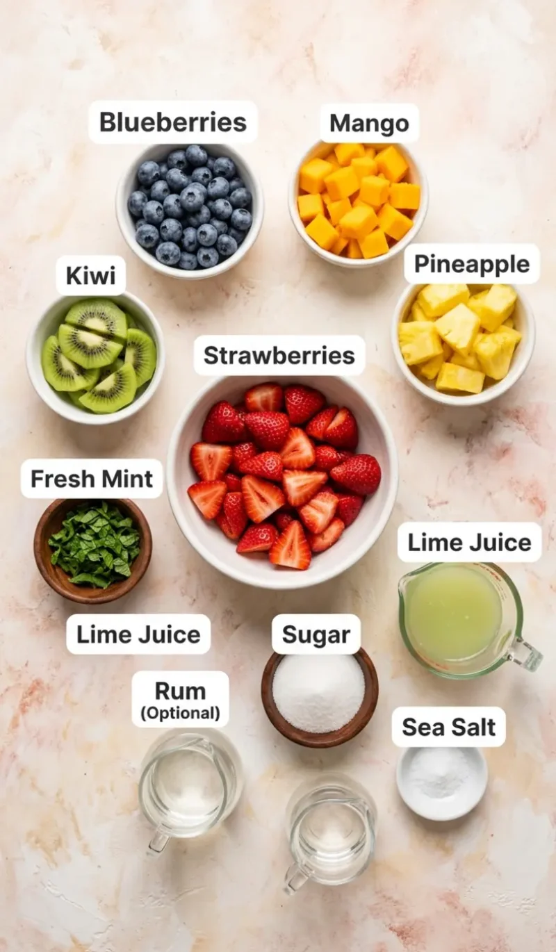 all 10 ingredients for colorful mojito fruit salad arranged on a cream and blush plaster surface, each labelled