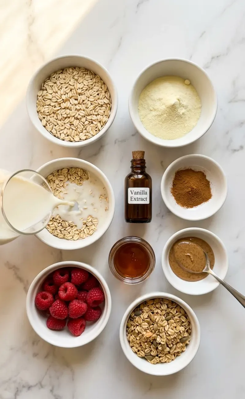 Overhead flatlay of all colostrum overnight oats ingredients in white bowls on white marble surface