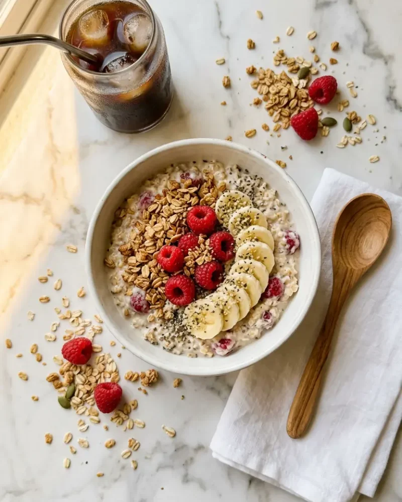 Overhead view of colostrum overnight oats with granola, berries, and cold brew coffee ready to serve