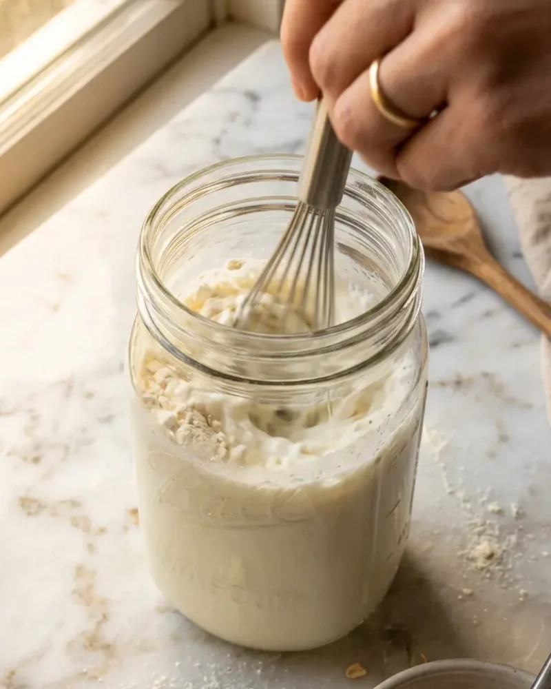 Close-up of colostrum powder being whisked into milk during colostrum overnight oats preparation
