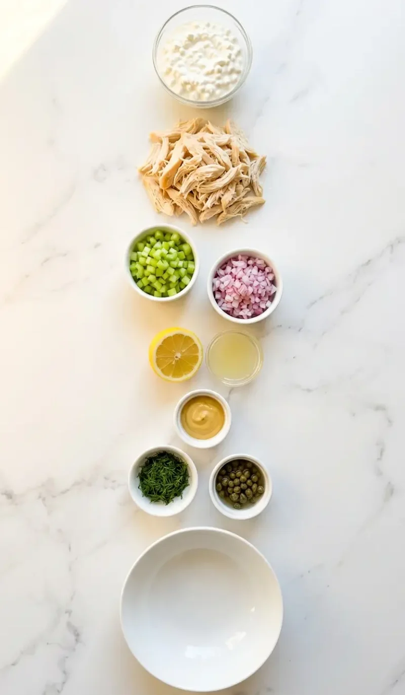 Exploded view of all 9 ingredients for high protein cottage cheese chicken salad arranged vertically on white marble