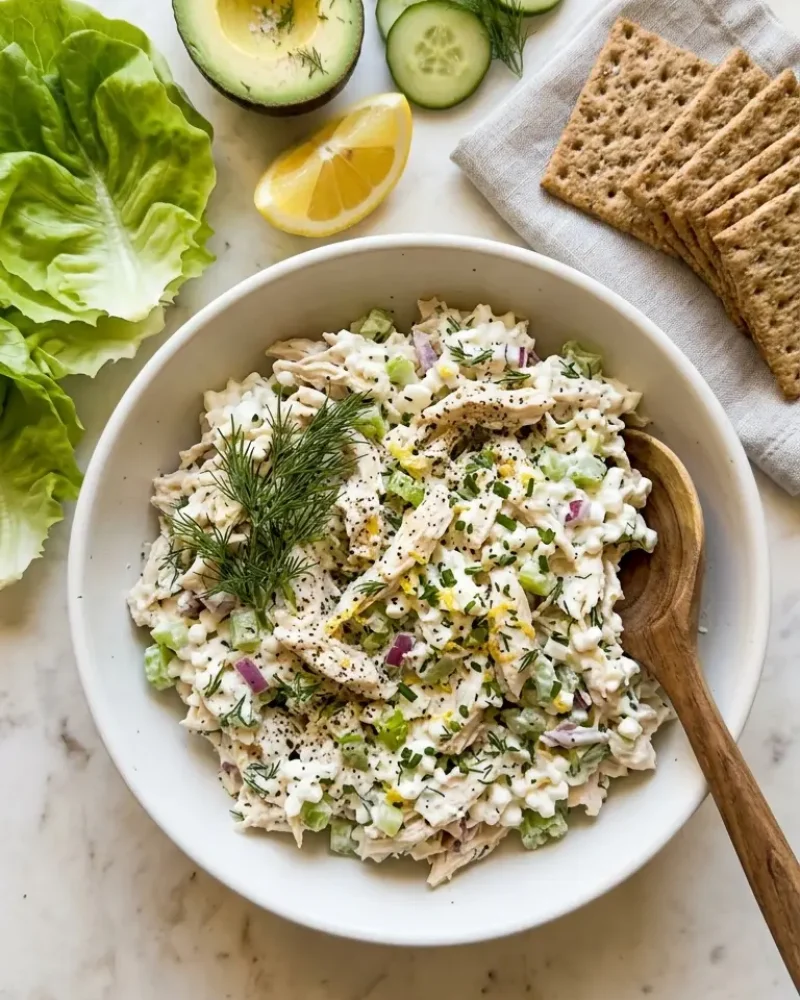 overhead view of high protein cottage cheese chicken salad with crackers lettuce cups and avocado