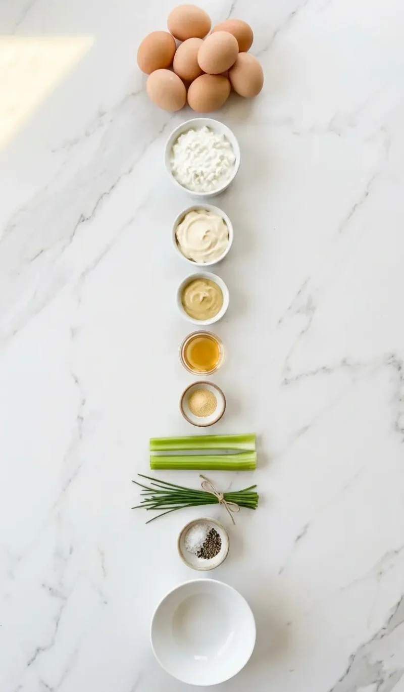 Exploded view of all 10 ingredients for high protein cottage cheese egg salad arranged vertically on white marble