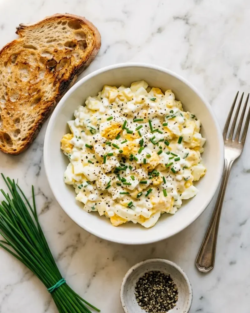 overhead view of high protein cottage cheese egg salad in white bowl with toast and chives