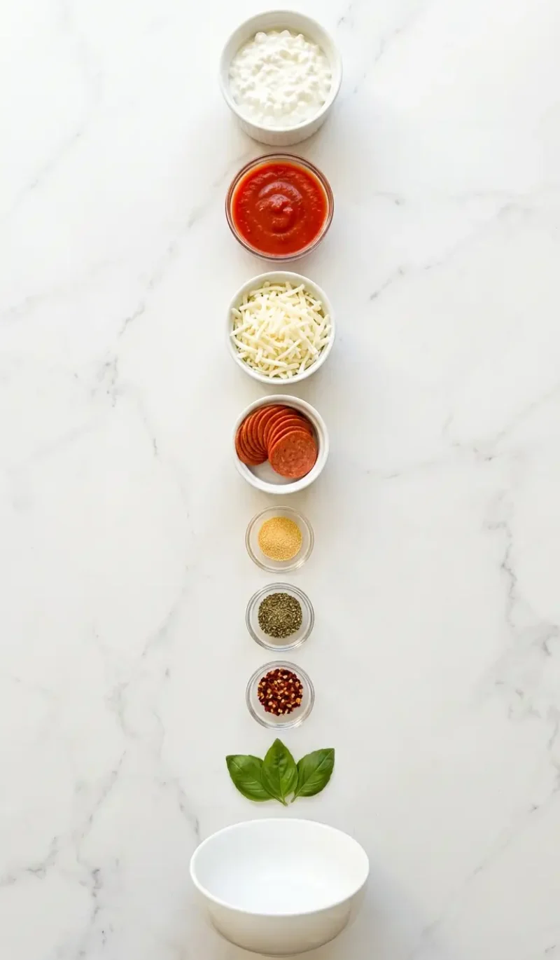exploded view of all 8 ingredients for high protein cottage cheese pizza bowl on white marble