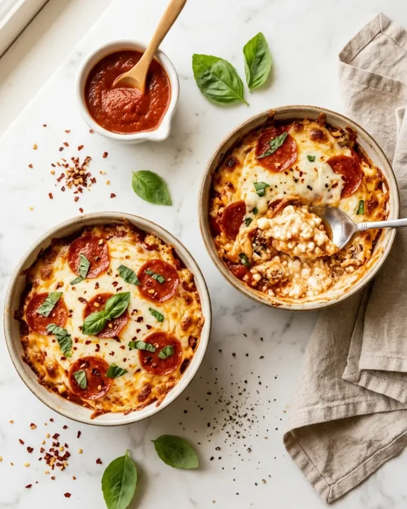 overhead view of high protein cottage cheese pizza bowl with melted cheese, pepperoni, and basil