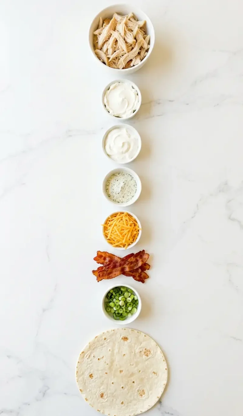 Exploded view of all 8 ingredients for crack chicken pinwheels arranged vertically on white marble