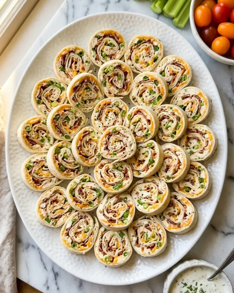 Overhead view of crack chicken pinwheels platter with celery, tomatoes, and ranch dipping sauce