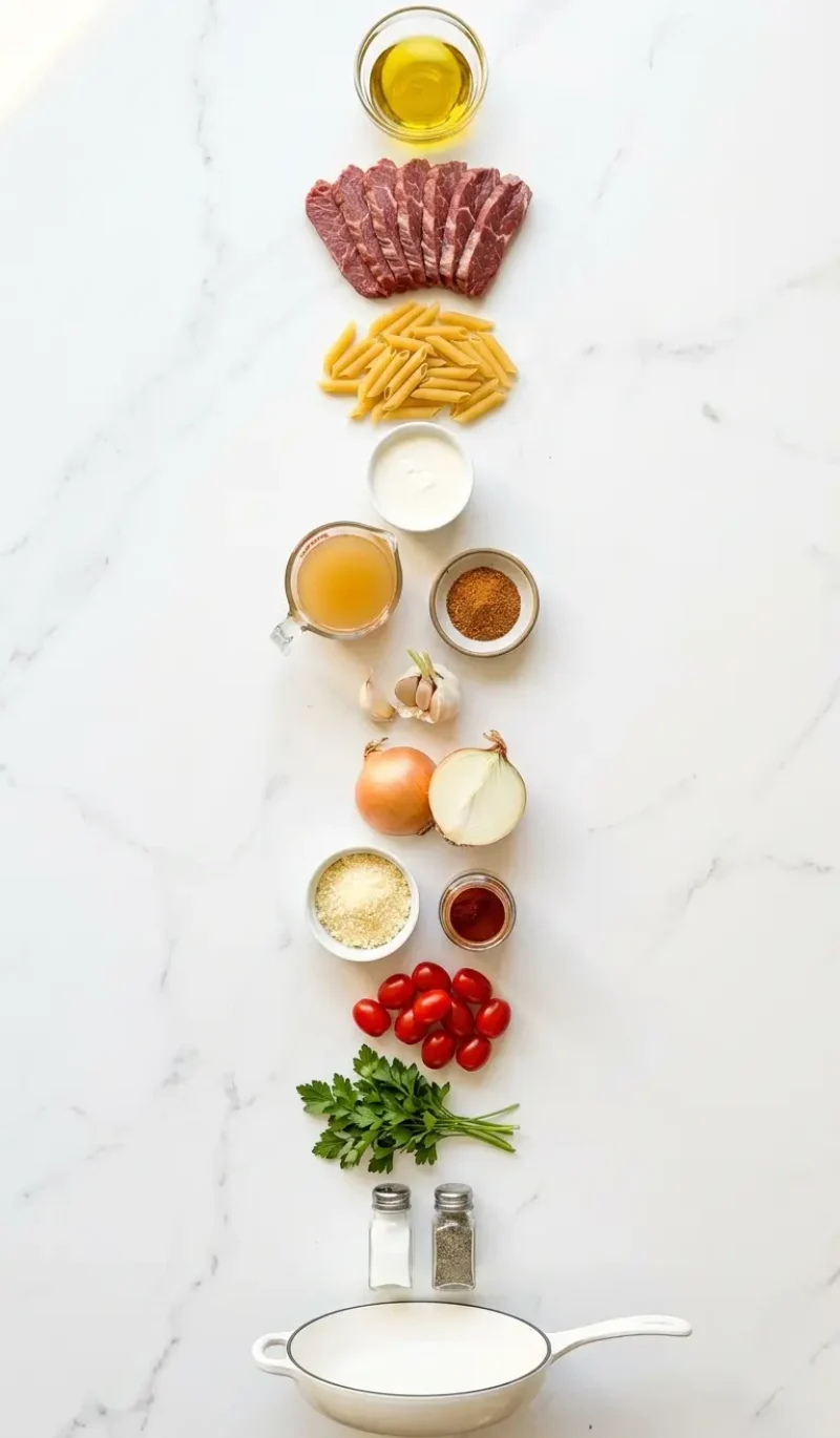 All 14 ingredients for Creamy Cajun Steak Penne Pasta arranged vertically on white marble