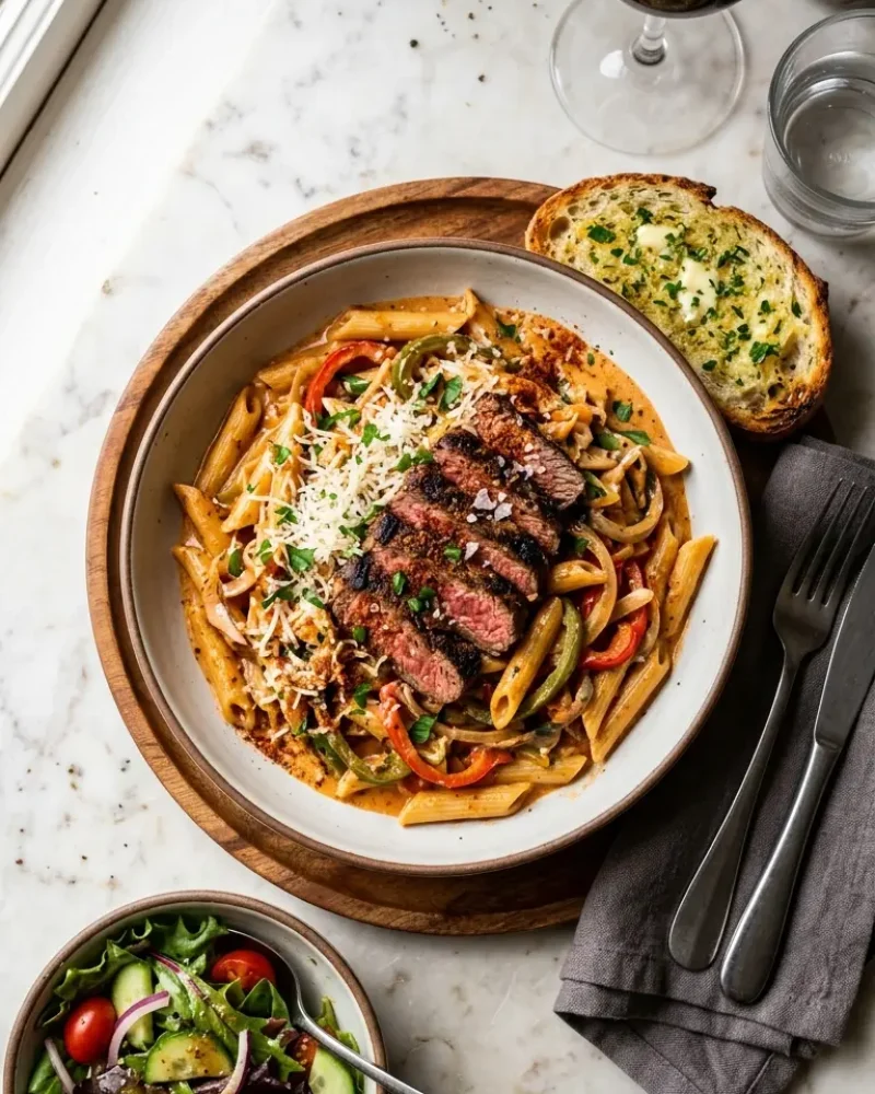 Overhead view of Creamy Cajun Steak Penne Pasta with garlic bread and salad on marble