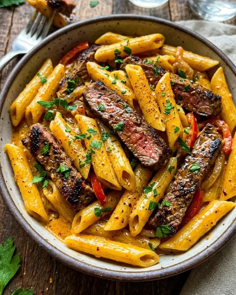 Creamy Cajun Steak Penne Pasta Pinterest pin with tender steak and creamy sauce