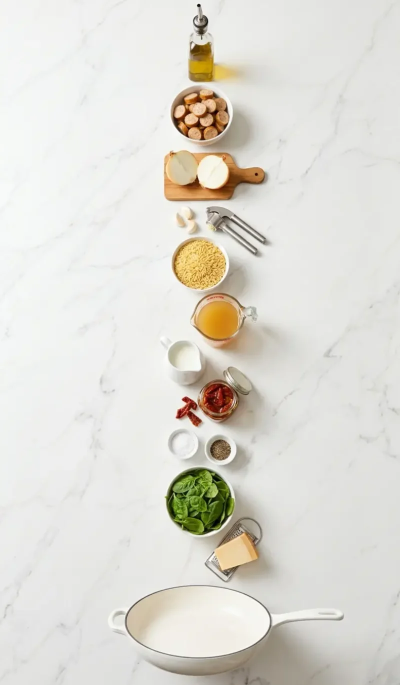Exploded view of all 13 ingredients for creamy chicken sausage orzo arranged vertically on white marble