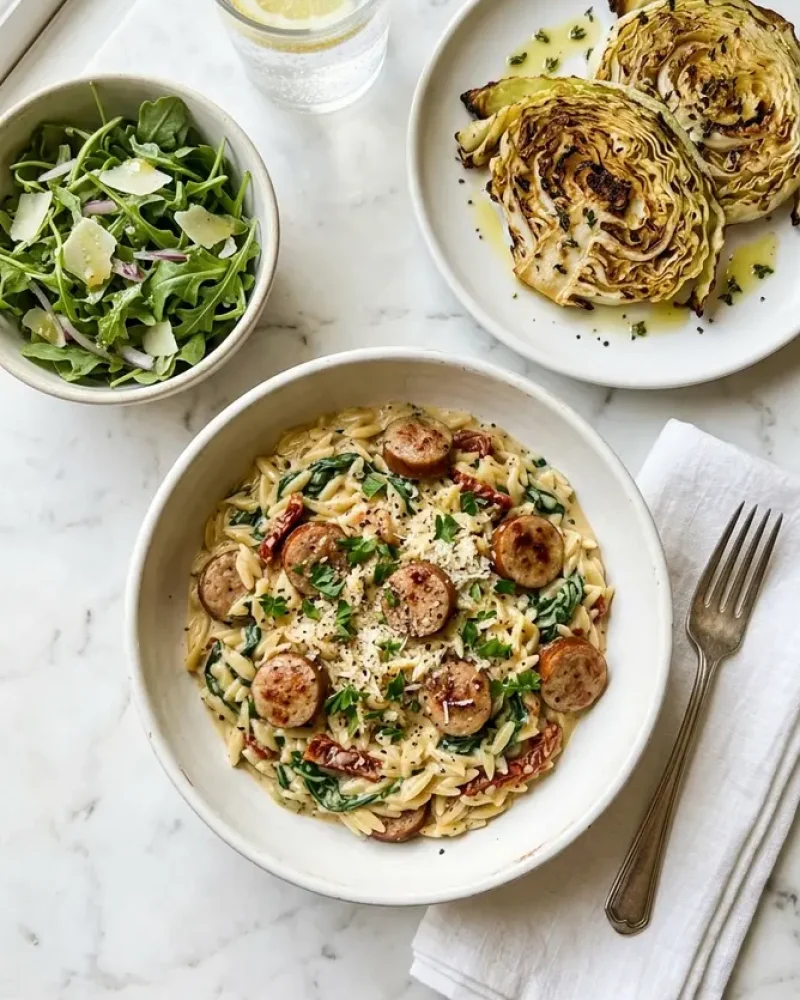 Overhead view of creamy chicken sausage orzo with roasted cabbage steaks and salad