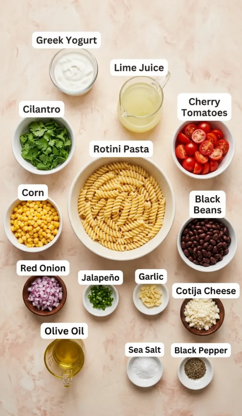 all 14 ingredients for Creamy (& Healthy!) Cilantro Lime Pasta Salad arranged on a cream and blush plaster surface