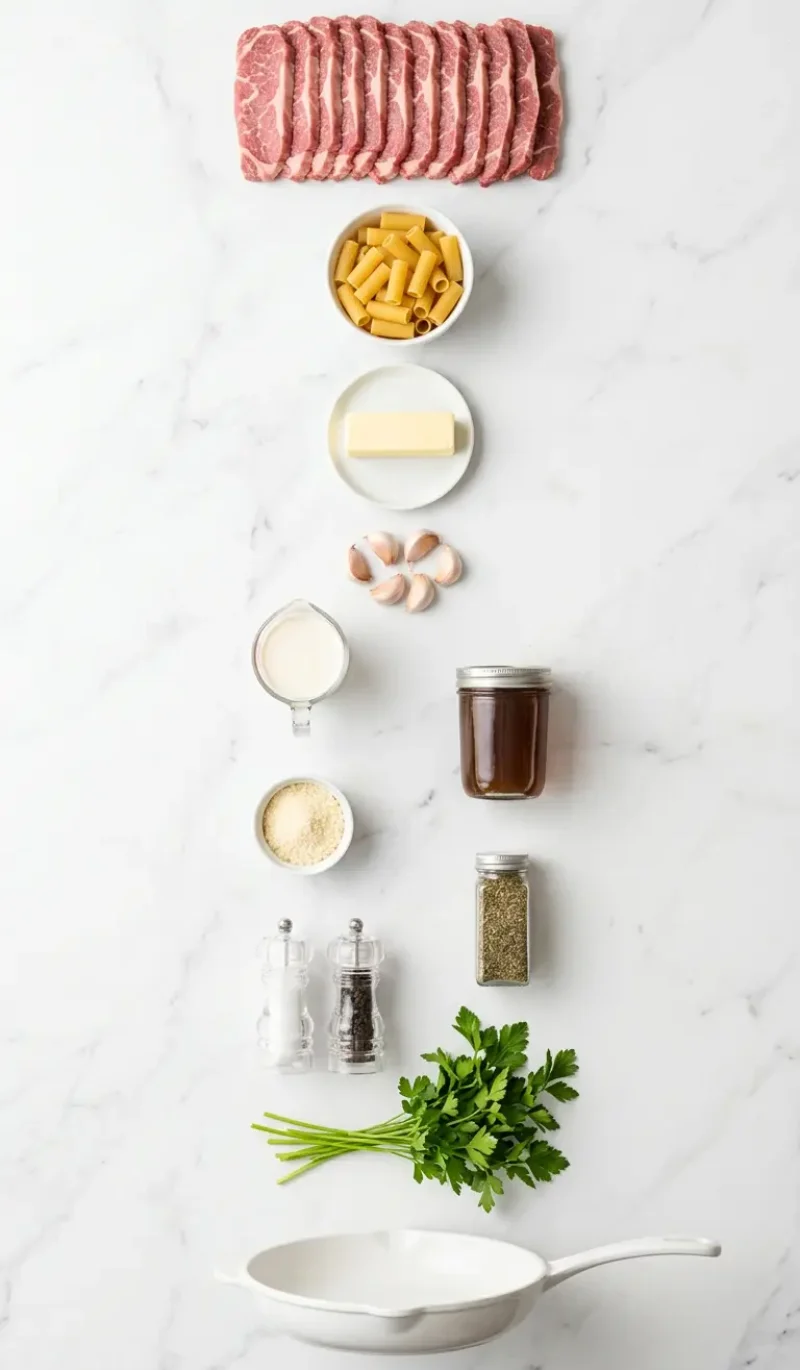 Exploded view of all 11 ingredients for creamy garlic butter steak pasta arranged vertically on white marble