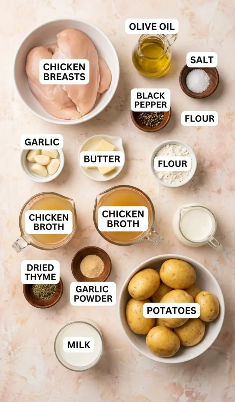 Labelled overhead flatlay of all 13 ingredients for creamy garlic chicken with gravy and mashed potatoes on a cream and blush plaster surface