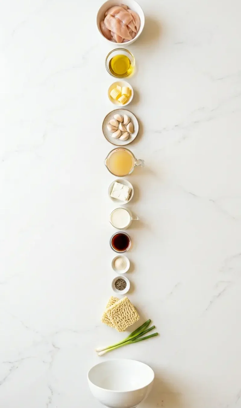 Exploded view of all 12 ingredients for creamy garlic chicken ramen arranged vertically on white marble