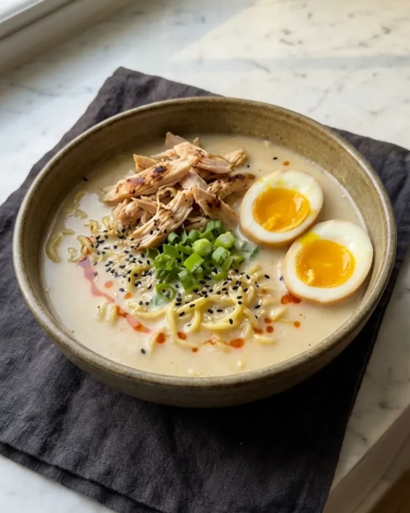 Deep bowl of creamy garlic chicken ramen with shredded chicken, a jammy soft-boiled egg, green onions, and chili oil in a velvety miso broth