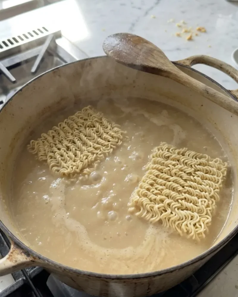 Raw ingredients for creamy garlic chicken ramen including raw chicken, ramen noodles, garlic, ginger, miso, cream, eggs, and green onions laid out on a marble counter