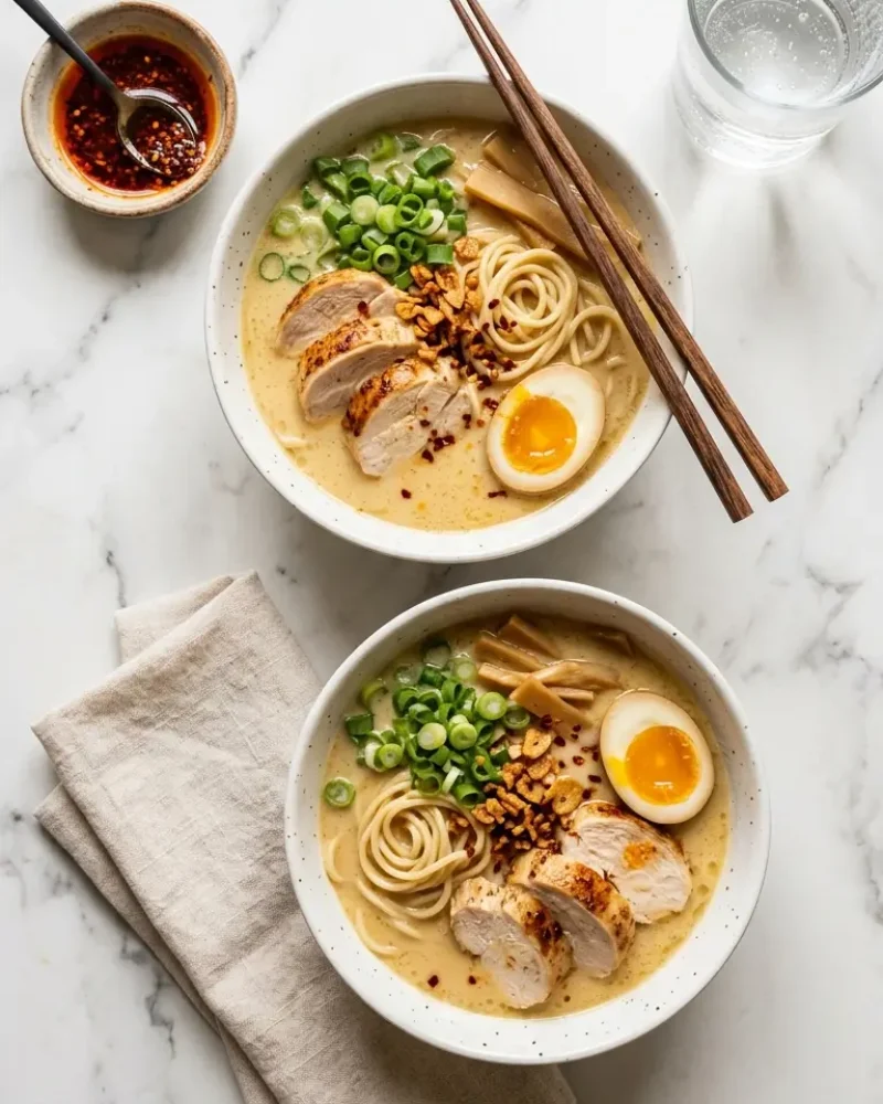 Overhead view of two bowls of creamy garlic chicken ramen with green onion garnish and chili oil on the side