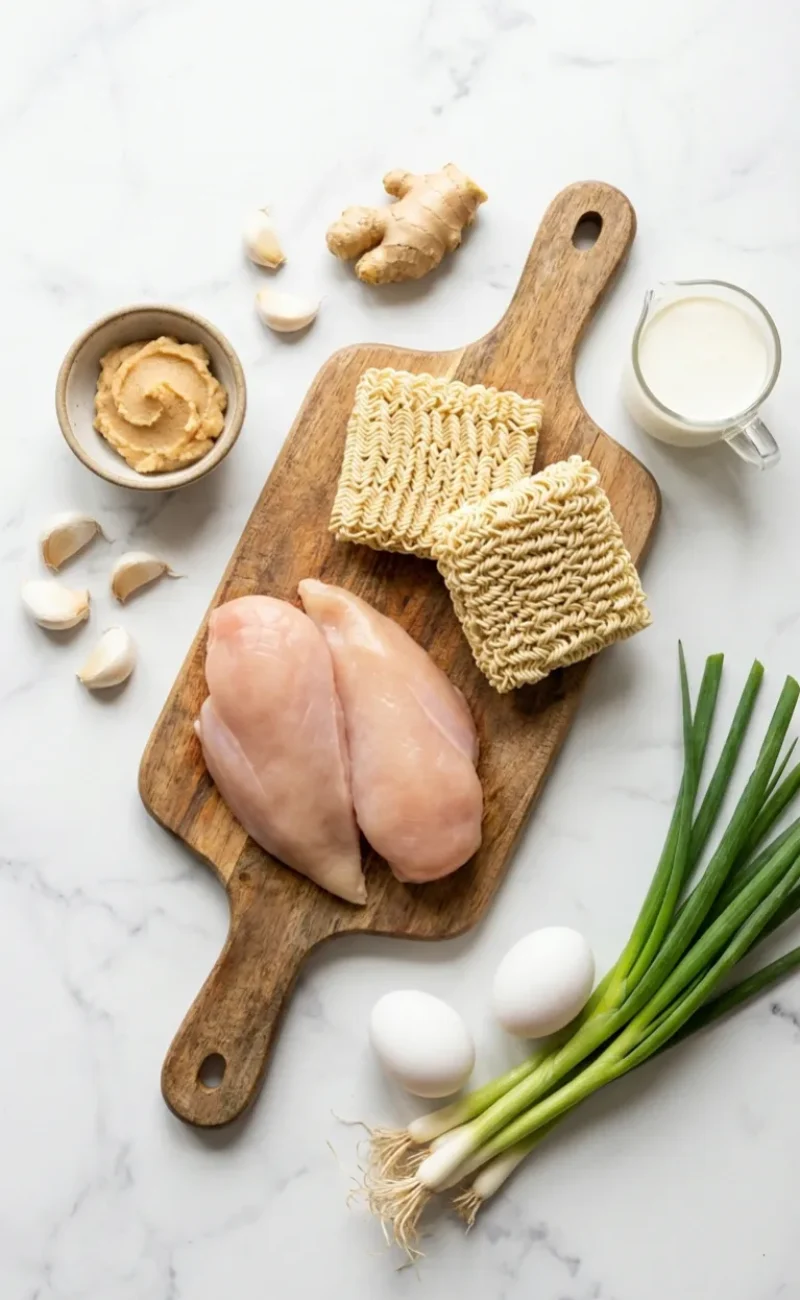 Creamy garlic chicken ramen with a jammy egg in a rustic bowl ready to be served