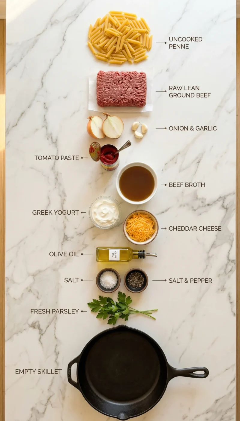 creamy-high-protein-beef-pasta-flatlay