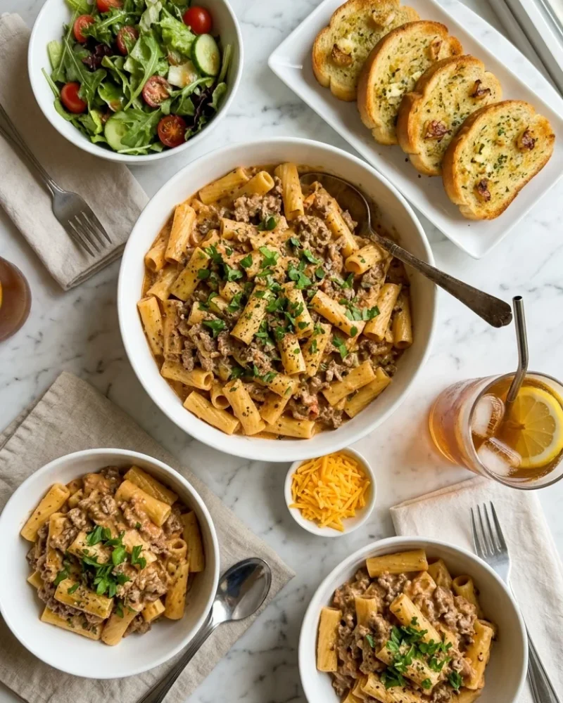 Overhead view of creamy high protein beef pasta dinner spread with salad, garlic bread, and iced tea on white marble.