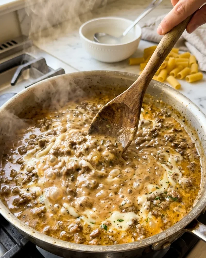 Wooden spoon stirring creamy beef sauce with melted cheddar and Greek yogurt in a skillet with steam rising.