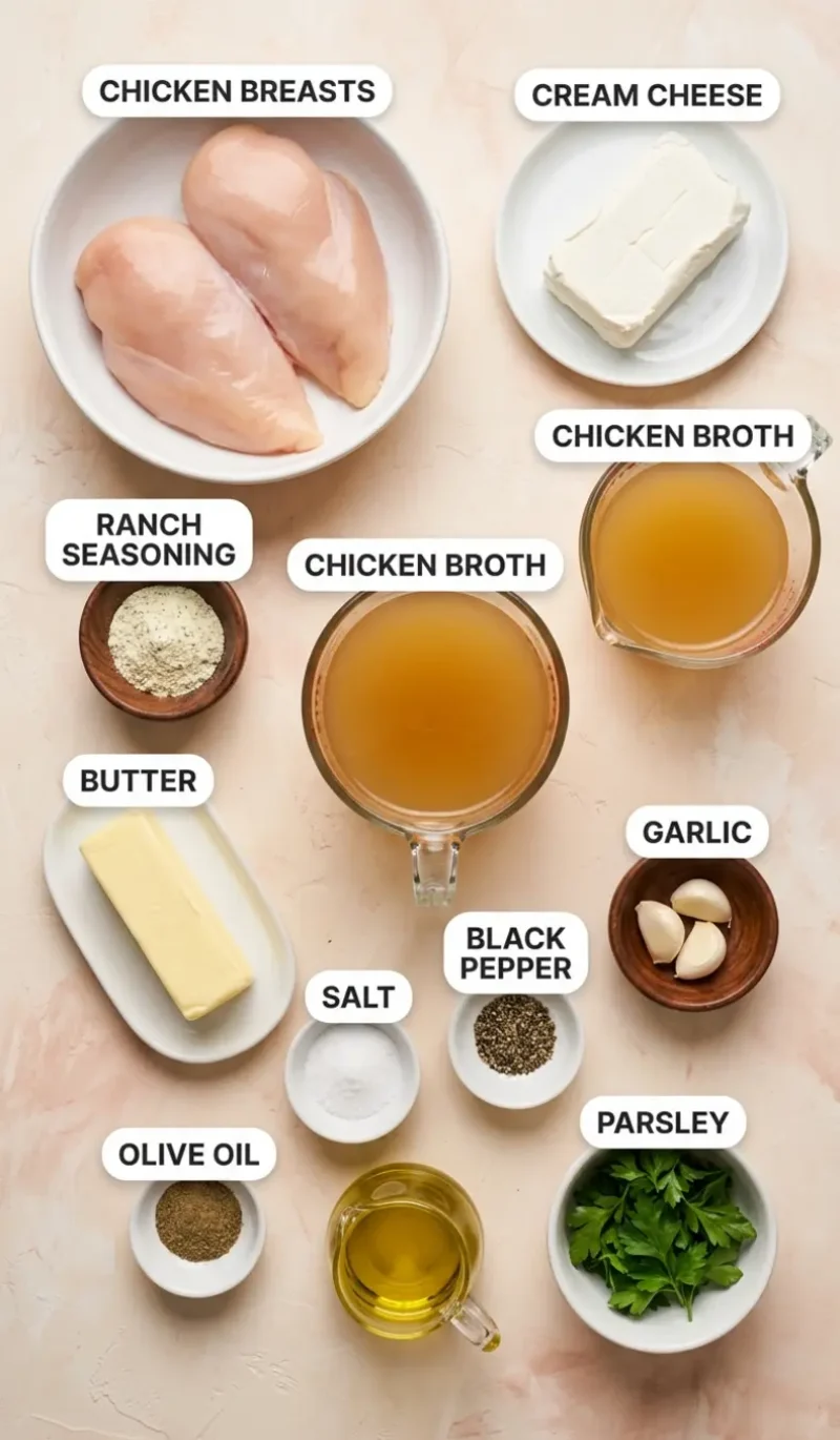 all 10 ingredients for creamy ranch chicken arranged on a cream and blush plaster surface, each labelled