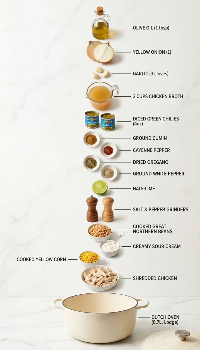 Exploded view of all 15 ingredients for creamy white chicken chili arranged vertically above an empty pot on white marble