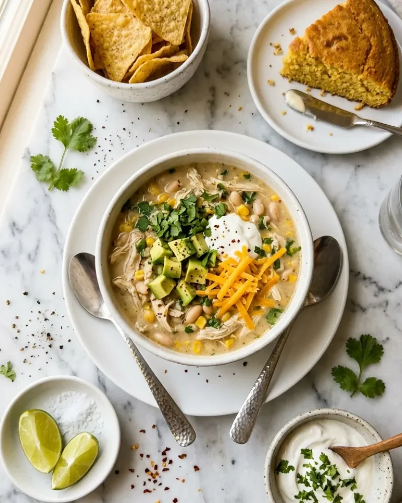 Overhead view of creamy white chicken chili dinner spread with cornbread tortilla chips and toppings on white marble