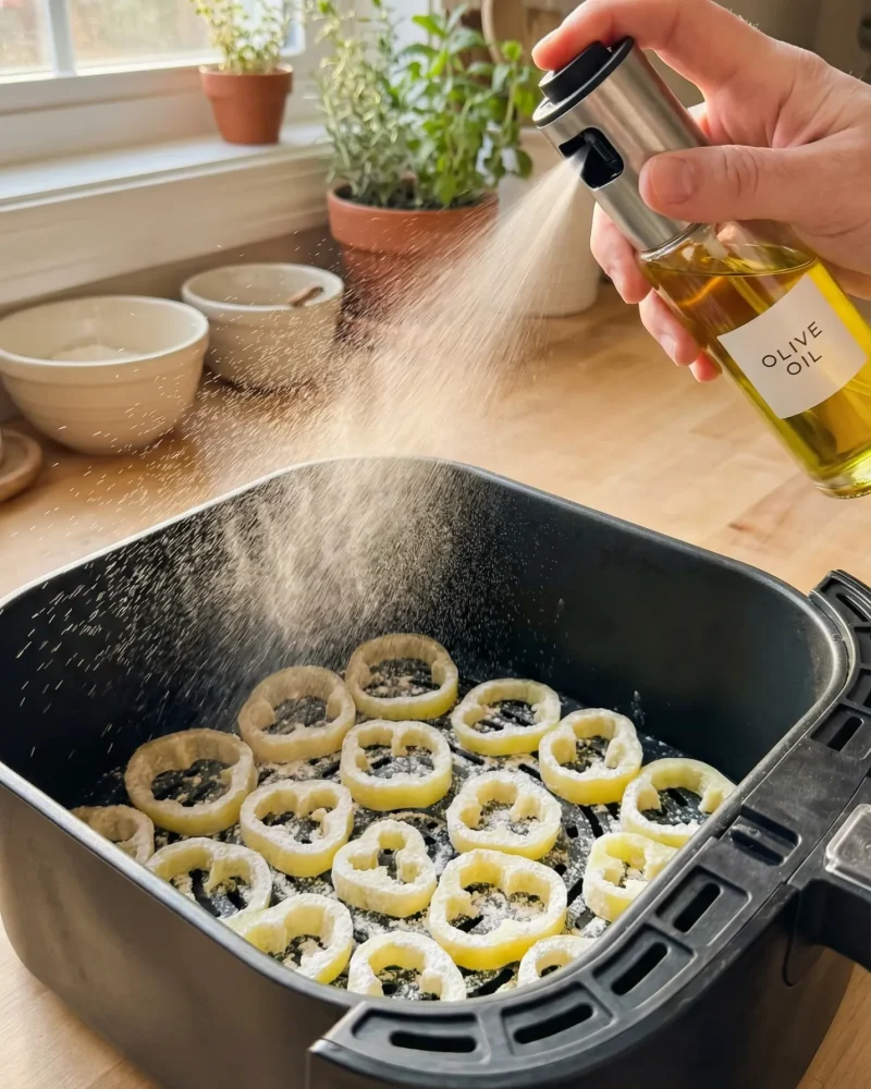 Spraying olive oil over flour-coated sliced banana peppers in an air fryer basket