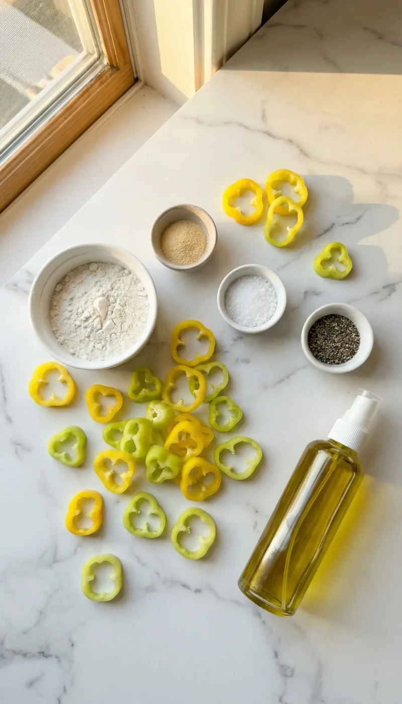 Ingredients for air fryer banana pepper coins including fresh sliced banana peppers, flour, spices, and olive oil spray on a marble counter