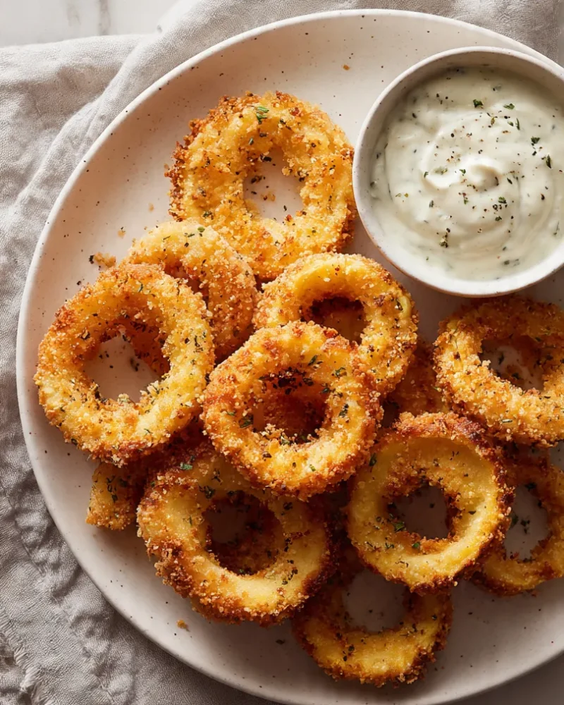 Overhead view of crispy air-fried banana pepper rings on a white plate with a side of creamy ranch dip