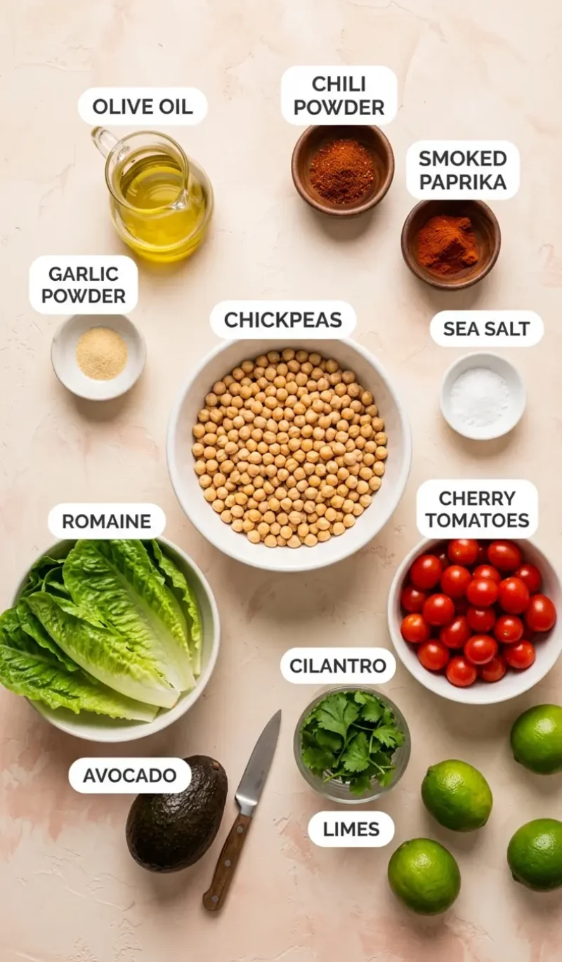 all 11 ingredients for crispy chili lime chickpea salad arranged on a cream and blush plaster surface, each ingredient named