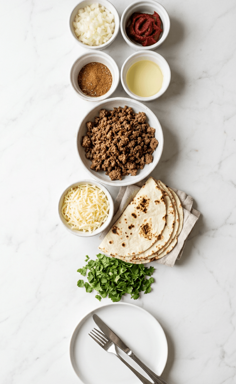 Exploded view of all ingredients for crispy ground beef tacos
