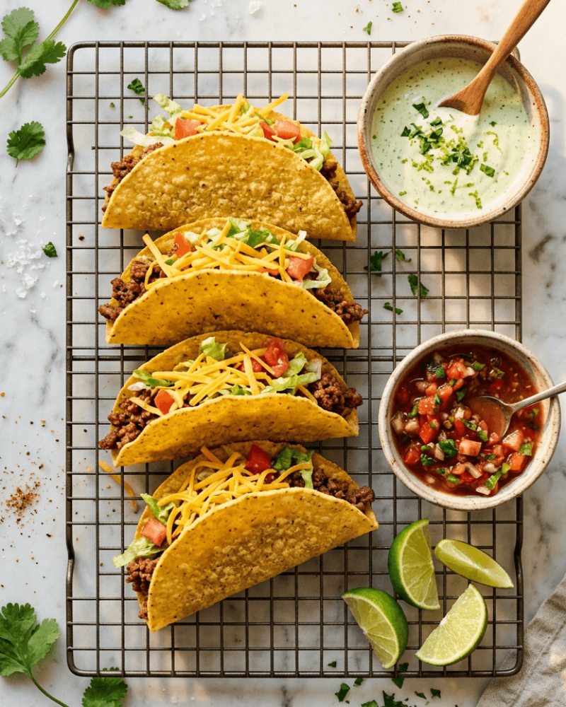 Overhead view of crispy ground beef tacos with serving suggestions
