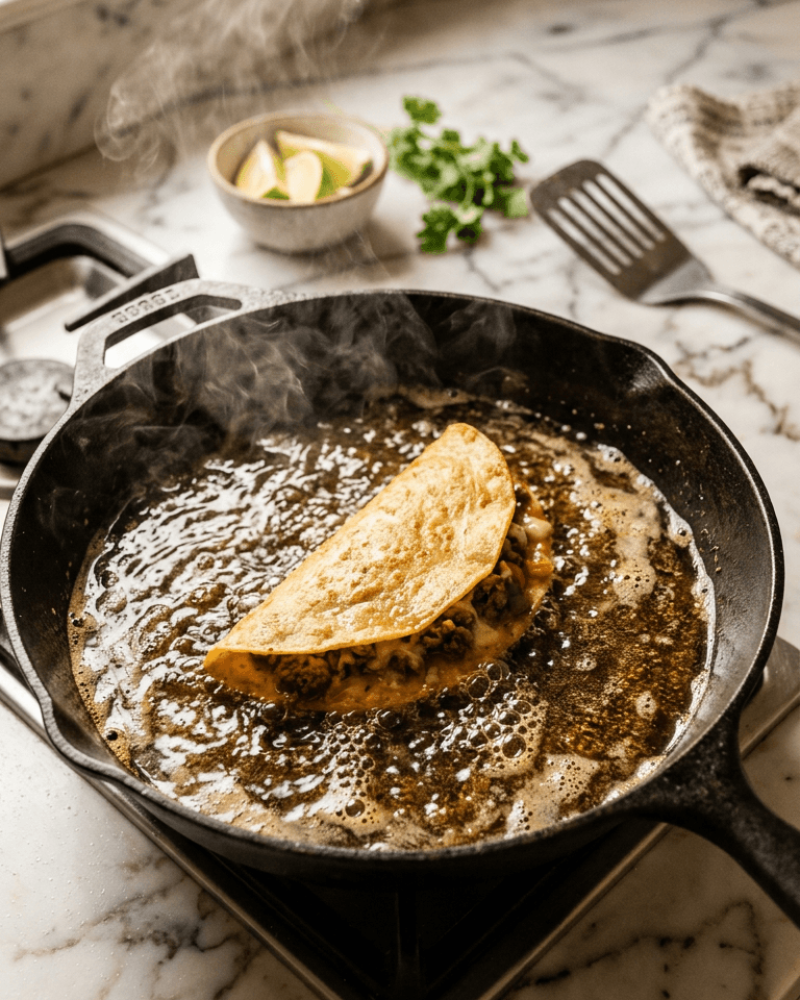 Close-up of crispy ground beef taco sizzling and frying in hot oil