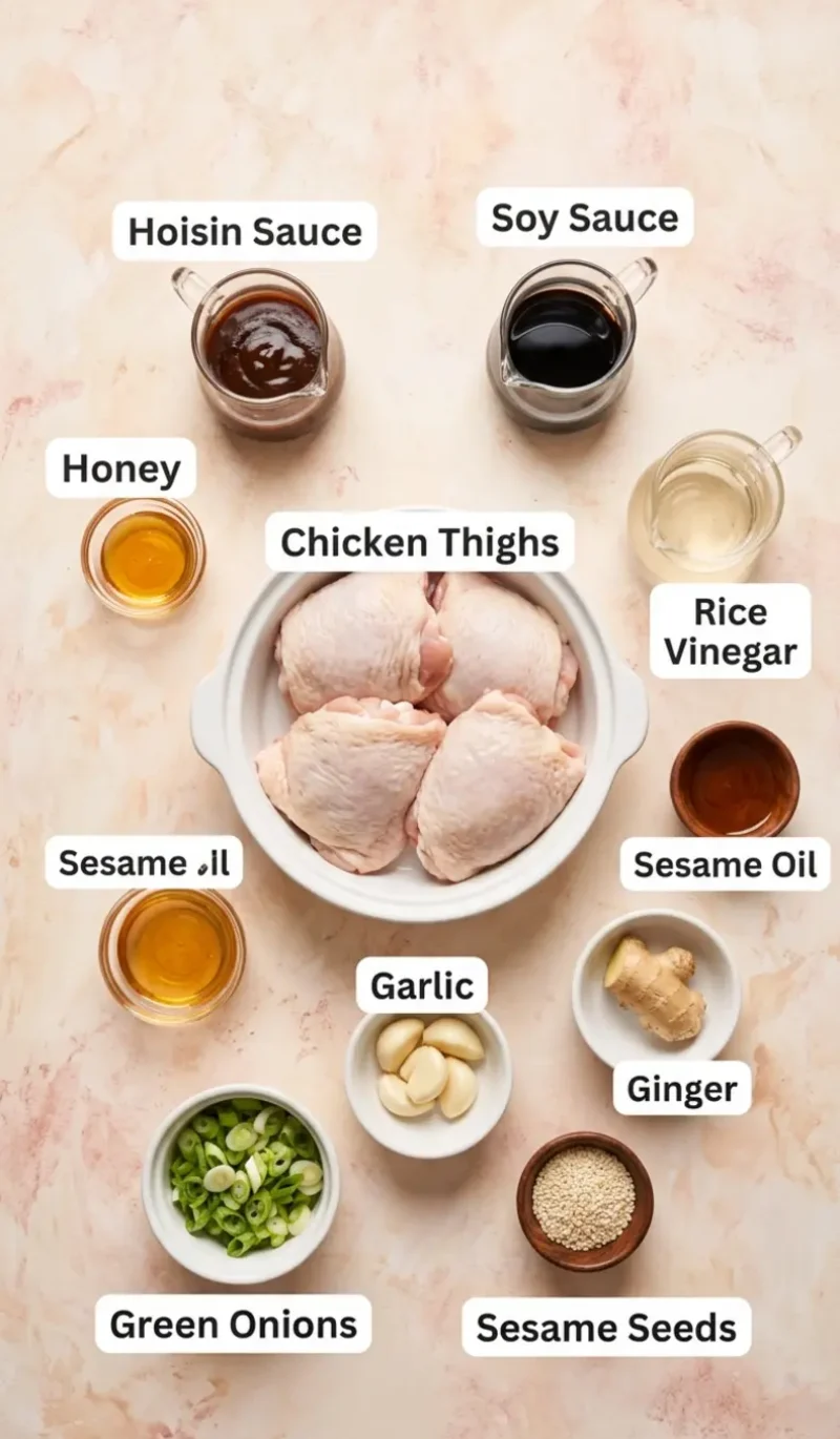 all 10 ingredients for crispy hoisin chicken thighs arranged on a cream and blush plaster surface, each ingredient named