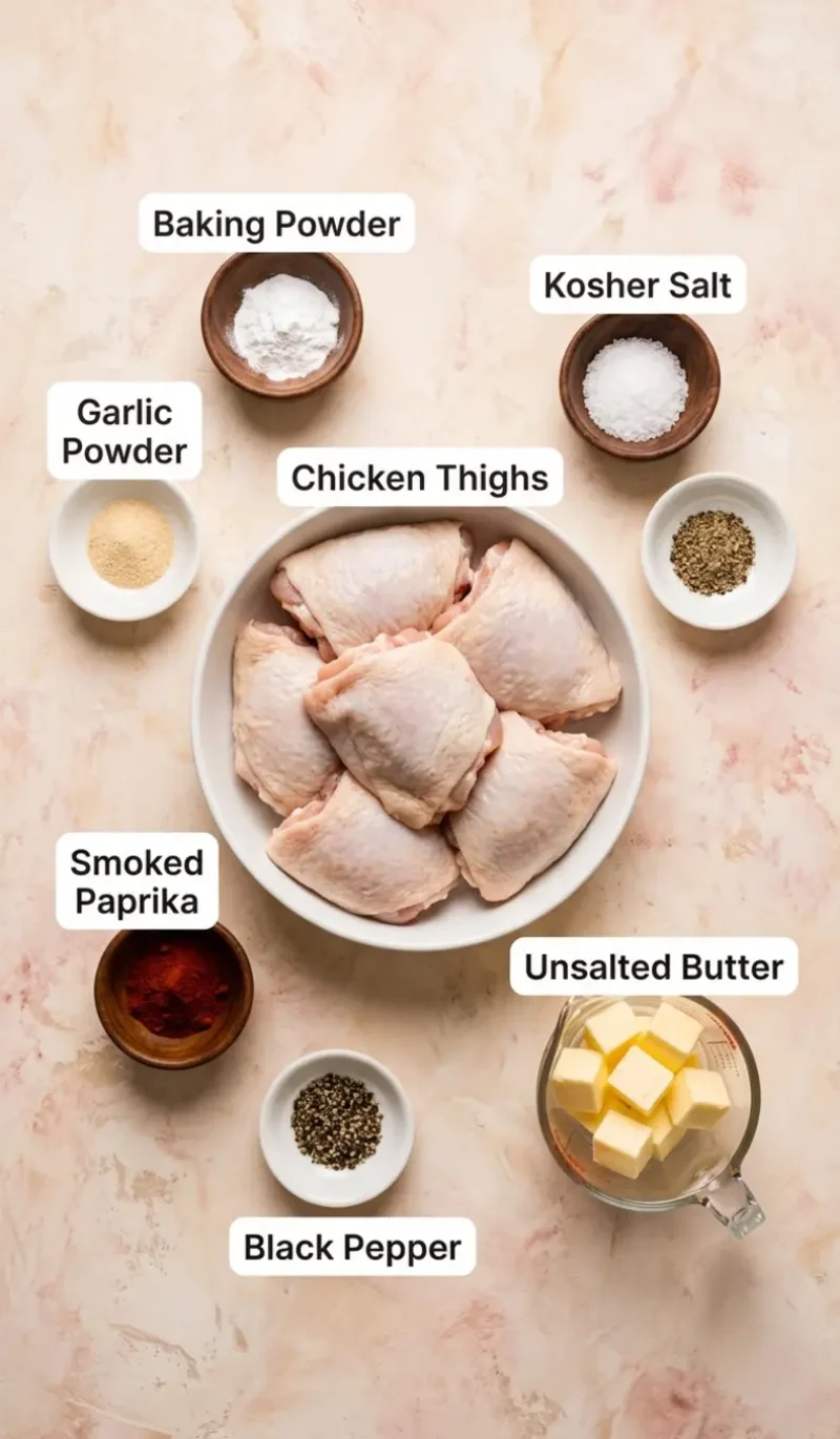 all 7 ingredients for crispy oven fried chicken thighs arranged on a cream and blush plaster surface