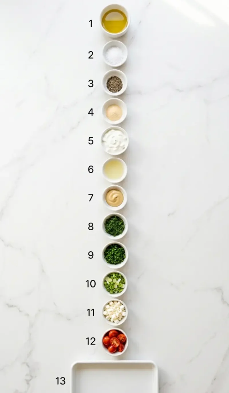 all 13 ingredients for crispy smashed potato salad arranged vertically on white marble