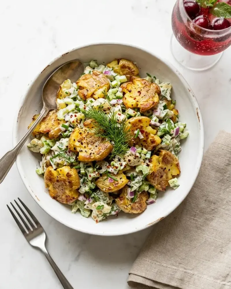 overhead view of crispy smashed potato salad with sides