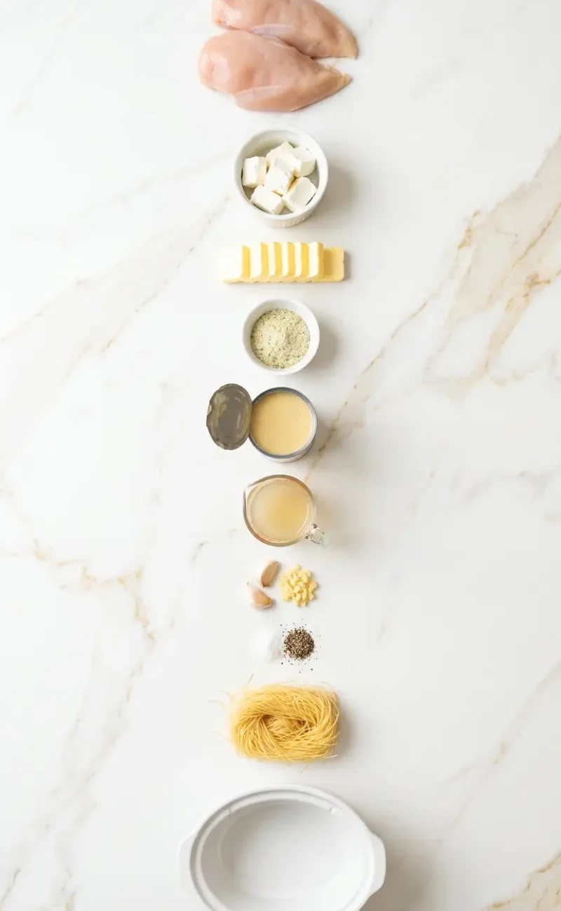 Exploded view of all 10 ingredients for Crock Pot Angel Chicken arranged vertically on white marble