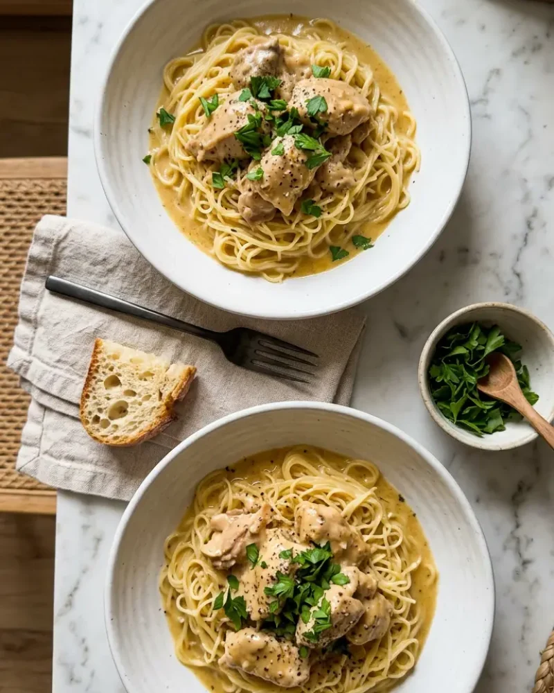 Overhead view of two bowls of Crock Pot Angel Chicken over angel hair pasta with sides on white marble