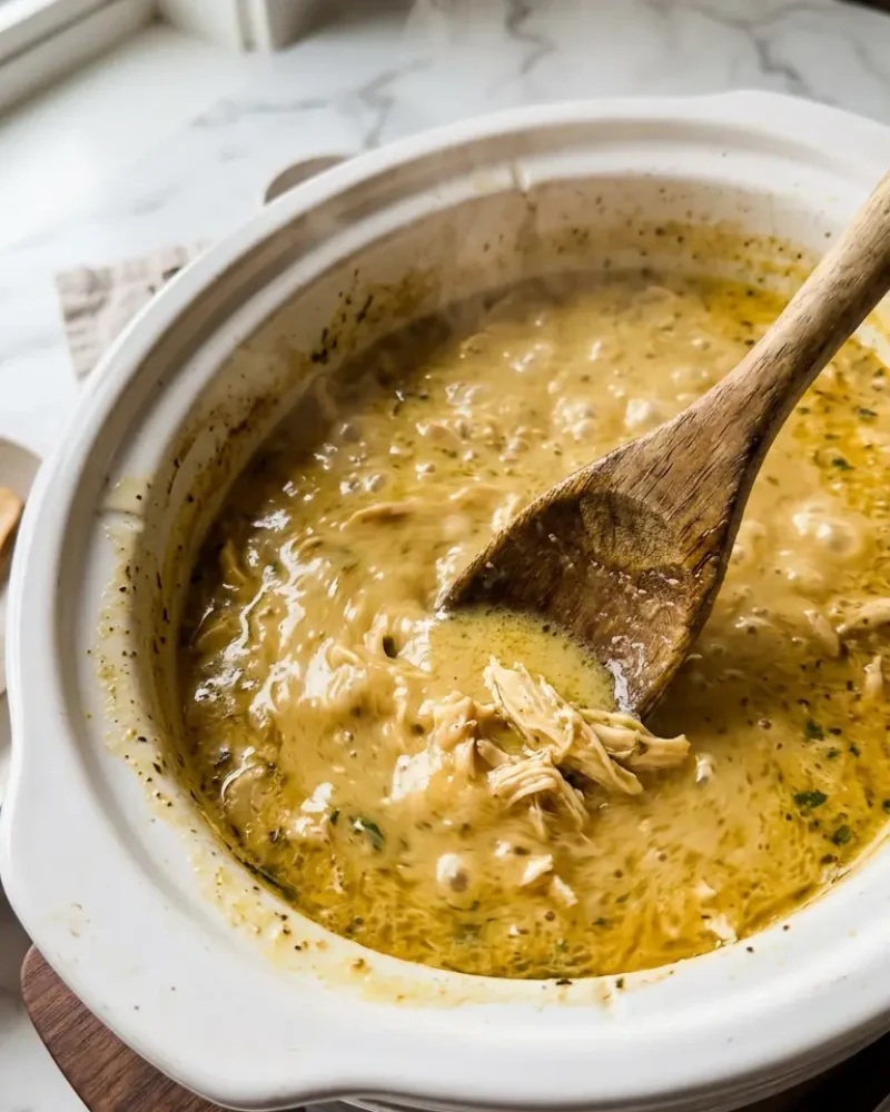 Wooden spoon stirring creamy golden sauce in a slow cooker during Crock Pot Angel Chicken preparation