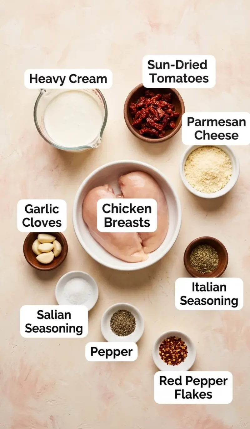 all 9 ingredients for Crock Pot Marry Me Chicken arranged on a cream and blush plaster surface, each ingredient named