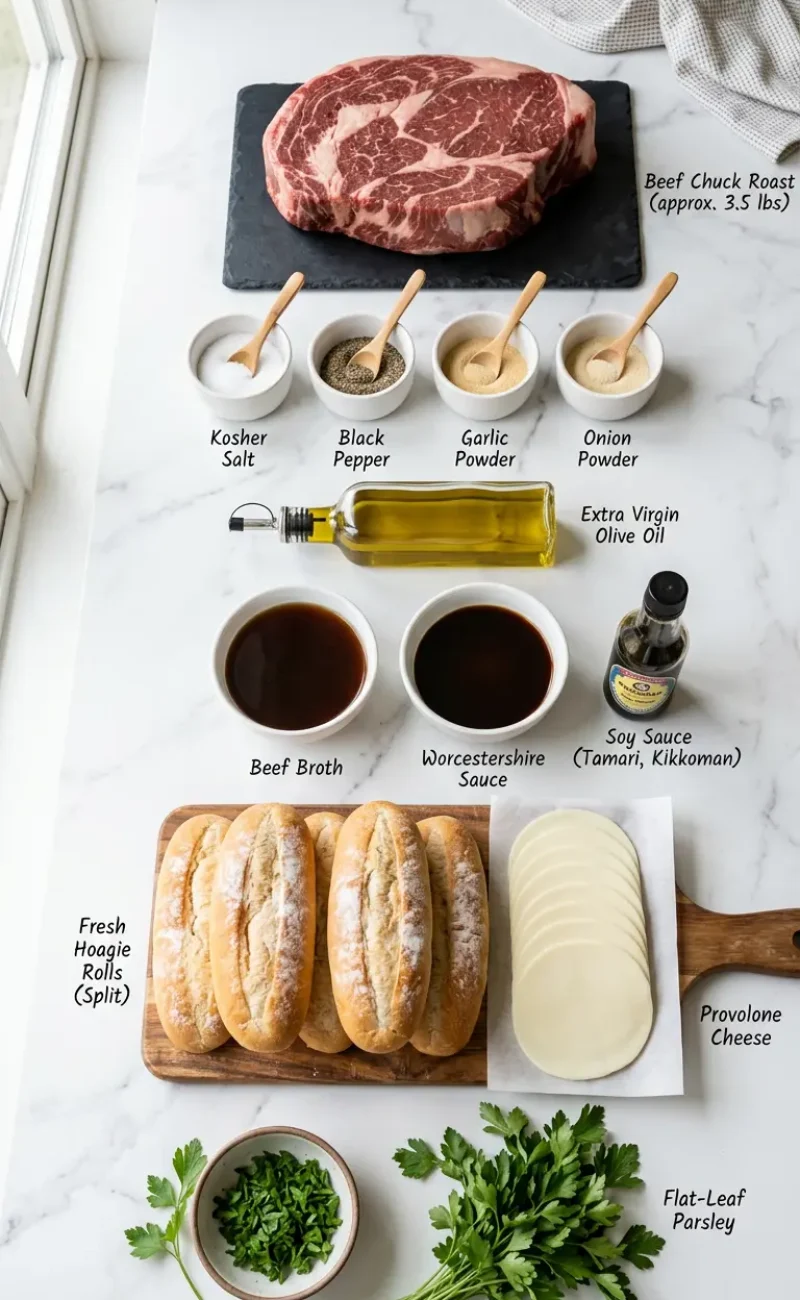 Exploded view of all ingredients for French dip sandwich recipe arranged vertically